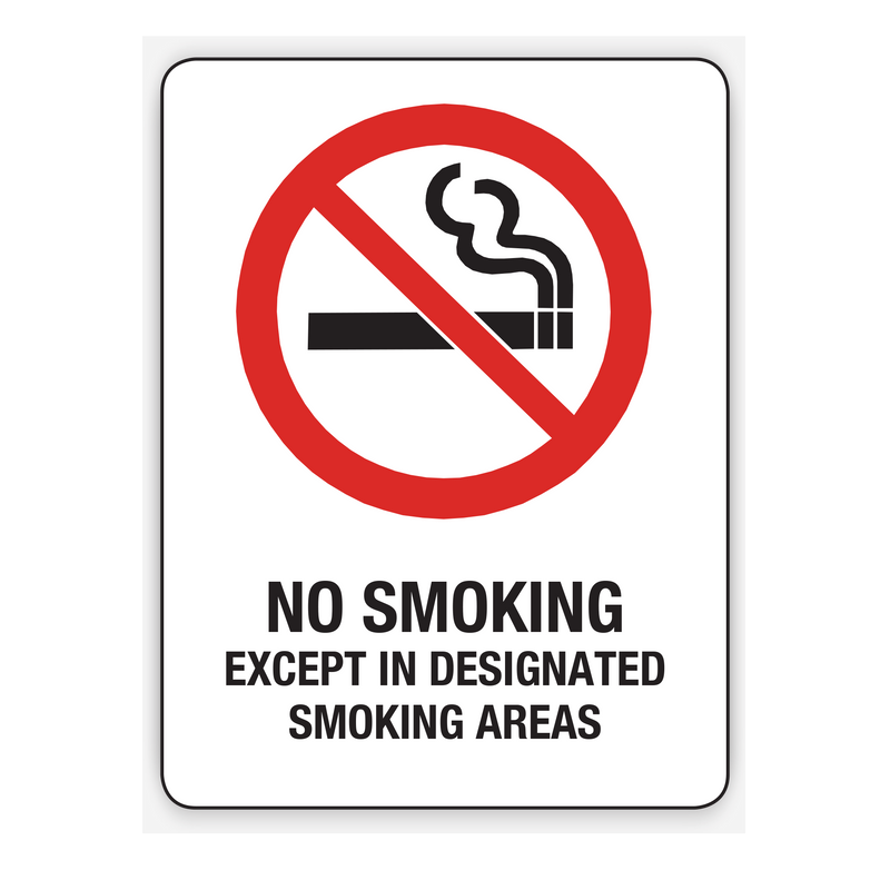 NO SMOKING EXCEPT IN DESIGNATED SMOKING AREAS SIGN