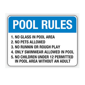 POOL RULES 1. NO GLASS IN POOL AREA 2. NO PETS ALLOWED 3. NO RUNNING OR ROUGH PLAY 4. ONLY SWIMWEAR ALLOWED IN POOL 5. NO CHILDREN UNDER 12 PERMITTED IN POOL AREA WITHOUT AN ADULT